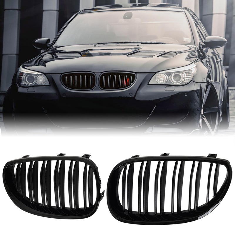 BILLDIO E60 Black Kidney Grille  Double Slats Glossy Black Compatible with 20032009 BMW 5 Series 520i 523i 525i 528i 530i 535i 550i